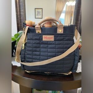 Maman New York Black Quilted Tote Baby Bag with Tan Straps